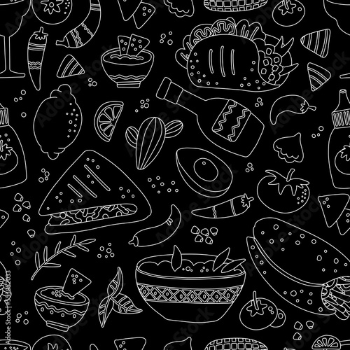 Mexican food seamless pattern for Menu design. Engraved style image in black background. Different mexican dishes. Linear graphic on chalkboard. Chalkboard style. Hand drawn vector illustration.