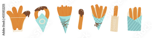 Set of churros in different paper bags. Mexican snack. Hand drawn flat vector illustration. Churros sticks in cone. photo