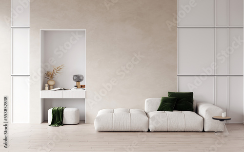 3d rendering of modern living room with white sofa, home desk in wall with decor, personal accessories, lamp, books, dry flowers in a vase, ceramics. Pouf with a blanket. White panel. Home office.