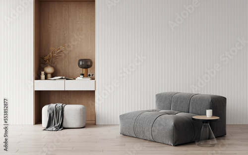 3d rendering of modern living room with grey sofa, home desk in wall with decor, personal accessories, lamp, books, dry flowers in a vase, ceramics. Pouf with a blanket. White walls. Home office.