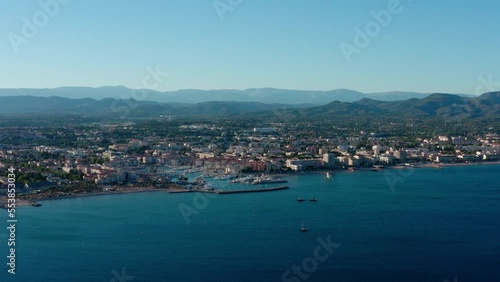 Frejus old harbor sunny day aerial shot french riviera France