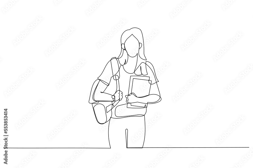 Drawing of female student holding laptop and looking at camera. Continuous line art style