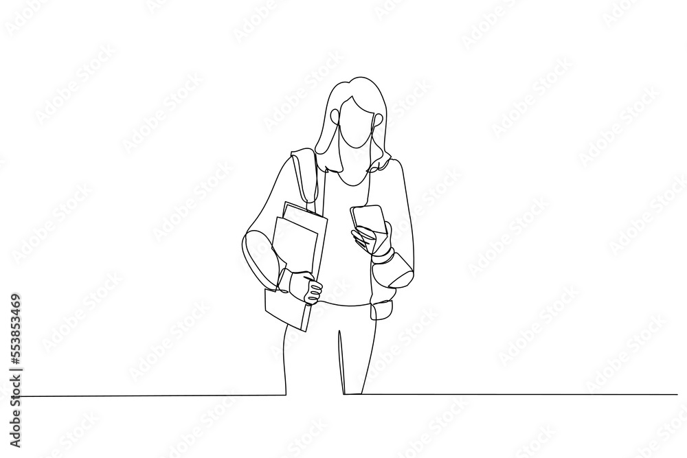 Illustration of young student girl using smartphone at the city. Single line art style Illustration of young student girl using smartphone at the city. Single line art style