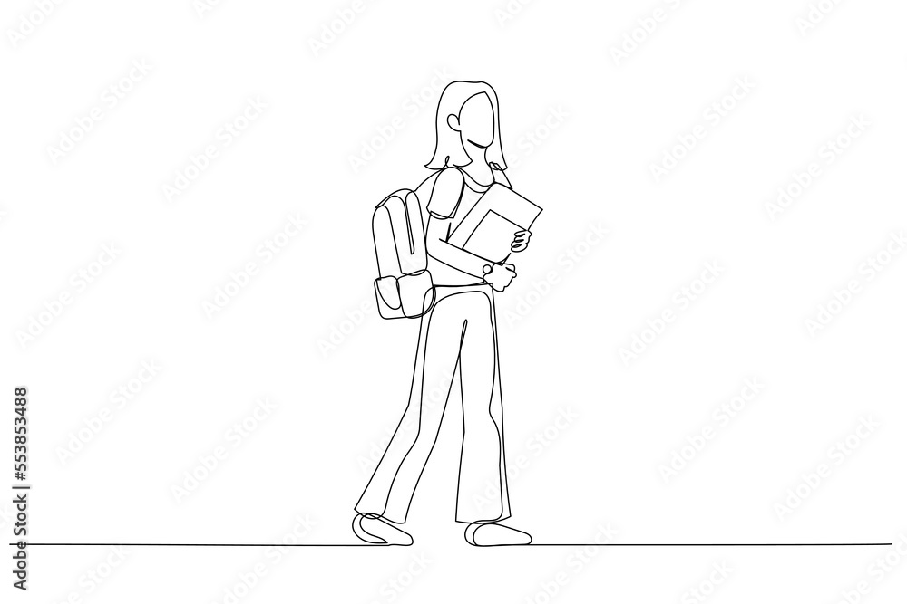 Drawing of full body side view student girl hold backpack books walk. Single continuous line art style Drawing of full body side view student girl hold backpack books walk. Single continuous line art style