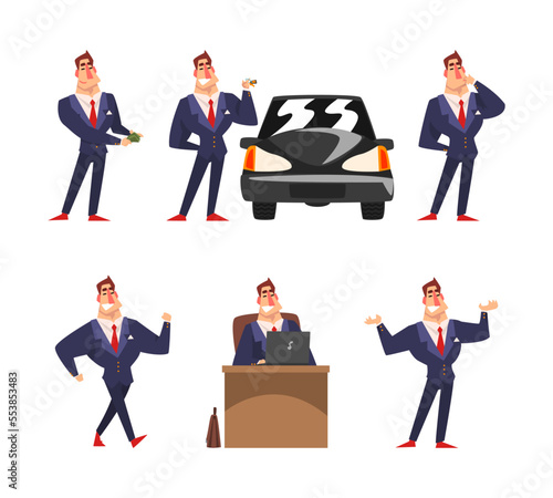 Successful Businessman Character as Strong Muscular Rich Man in Suit and Tie Engaged in Different Activity Vector Set