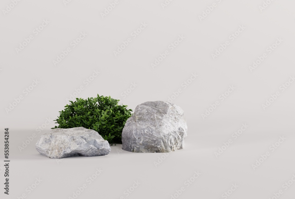 Naklejka premium Granite stones on a light background, leaf shadow and light plants. Concept of abstract background, background for products and product image. 3D render, 3D illustration.