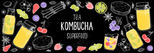 Kombucha tea and ingredients for kombucha sketch. Hand drawn vector illustration. Kombucha drink. Tea mushroom, tea fungus, or Manchurian mushroom.