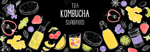 Kombucha tea and ingredients for kombucha sketch. Hand drawn vector illustration. Kombucha drink. Tea mushroom, tea fungus, or Manchurian mushroom.