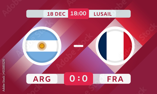 Argentina vs France Match Design Element. Flags Icons with transparency isolated on red background. Football Championship Competition Infographics. Announcement, Game Score Template. Vector