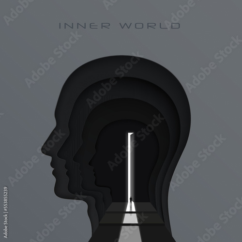 Inner world or inner space psychology concept. Black human head silhouette and human silhouette walking into the light in door. Abstract vector illustration