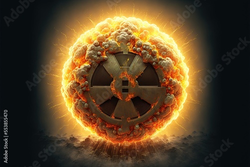 A nuclear explosion fire ball in a nuclear mushroom cloud of an apocalyptic war. fireball created by a nuclear explosion on a war-torn space and world explosion.