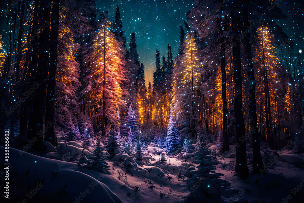 Magical winter Christmas landscape, golden glow, forest, snow, trees, lights, decorated. Generative AI