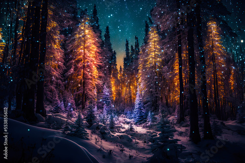 Magical winter Christmas landscape, golden glow, forest, snow, trees, lights, decorated. Generative AI