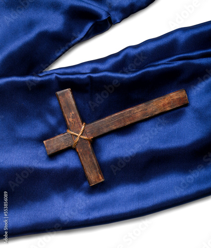 Religion Easter concepts - wooden cross on silk fabric