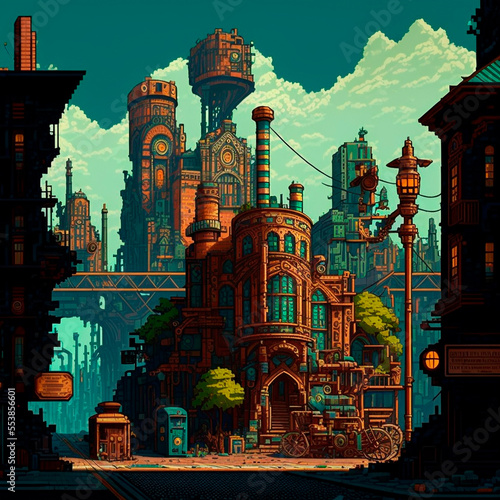 Cartoon image of a steampunk city 