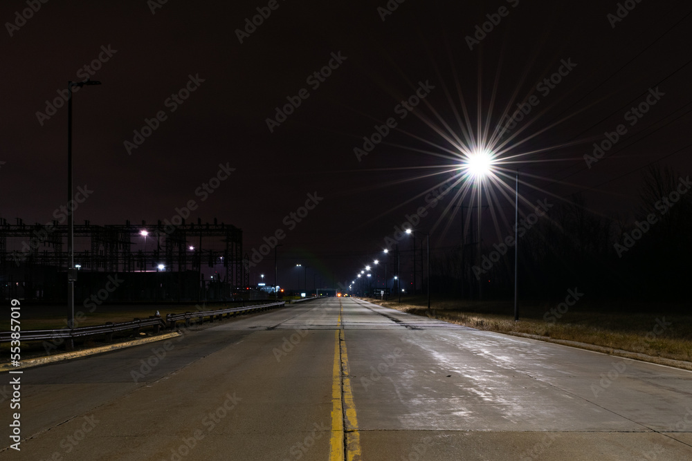 Industrial road at nighttime.
