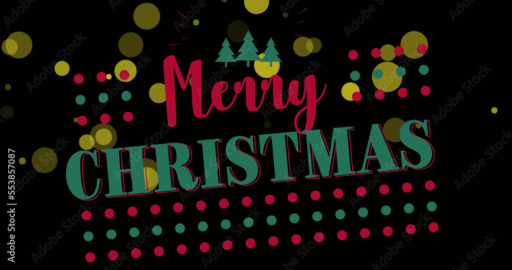 Composition of merry christmas text over light spots on black background