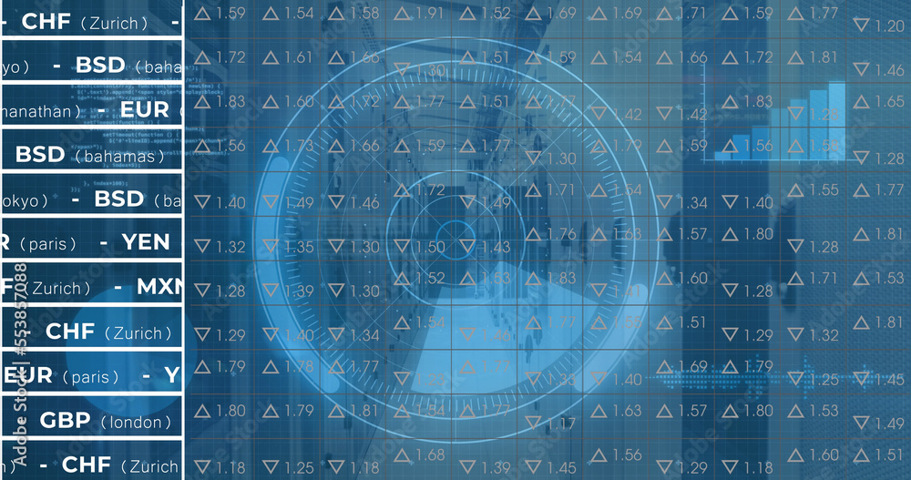 Naklejka premium Image of digital data processing and digital interface and grid over blue background