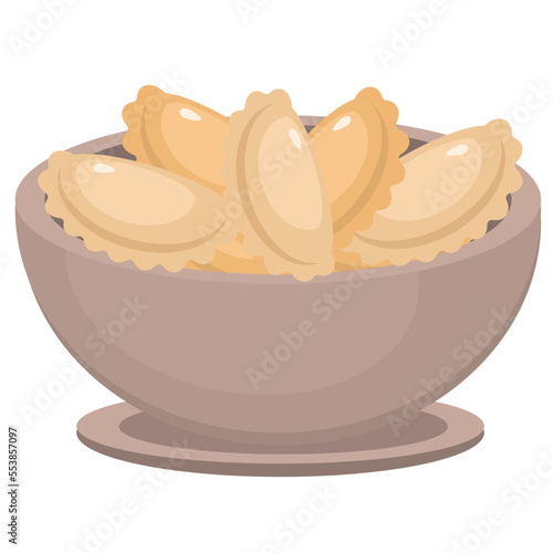 Bowl of dumplings. Traditional food. Dough, pastry. Pierogi, varenyky. Vector illustration