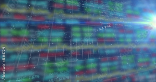 Image of digital grid pattern with line graph and trading board against colorful background
