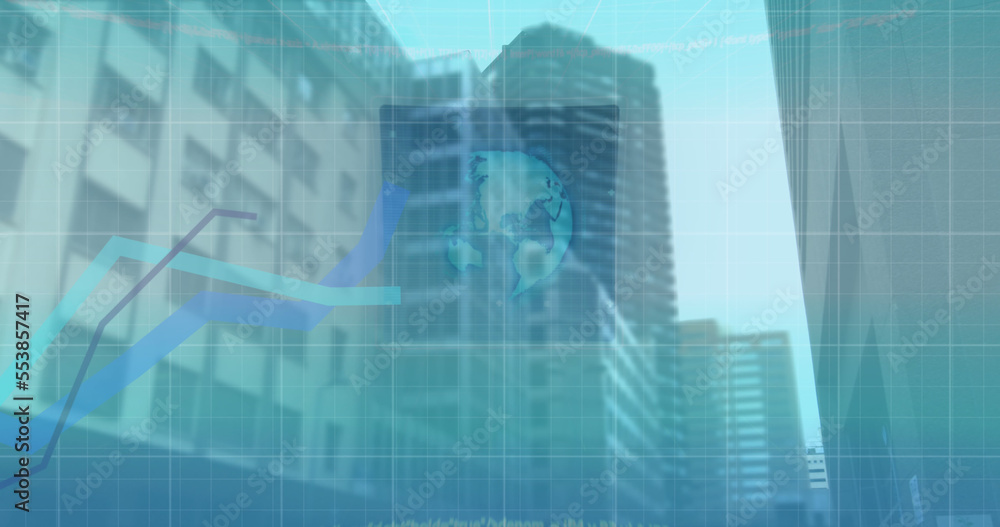 Image of 6g text, interface and blue graph lines moving over modern city buildings Image of 6g text, interface and blue graph lines moving over modern city buildings