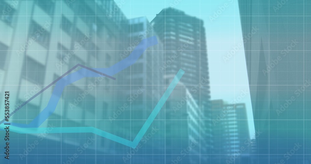 Image of 6g text, interface and blue graph lines moving over modern city buildings Image of 6g text, interface and blue graph lines moving over modern city buildings