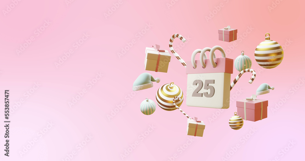 Composition of calendar with number 25 and christmas decorations on pink background with copy space