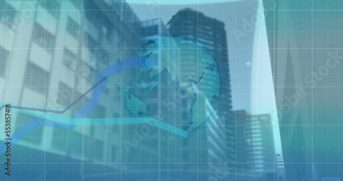 Image of 6g text, interface and blue graph lines moving over modern city buildings