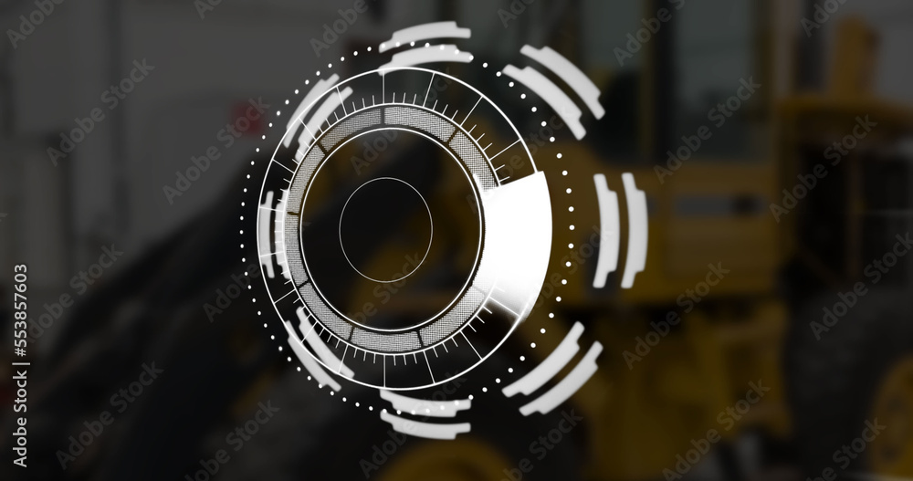 Image of scope scanning and data processing over stock market on black background Image of scope scanning and data processing over stock market on black background
