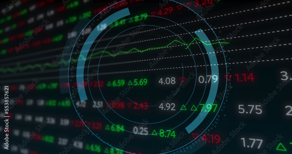 Image of scope scanning with computer icon over stock market on black background Image of scope scanning with computer icon over stock market on black background