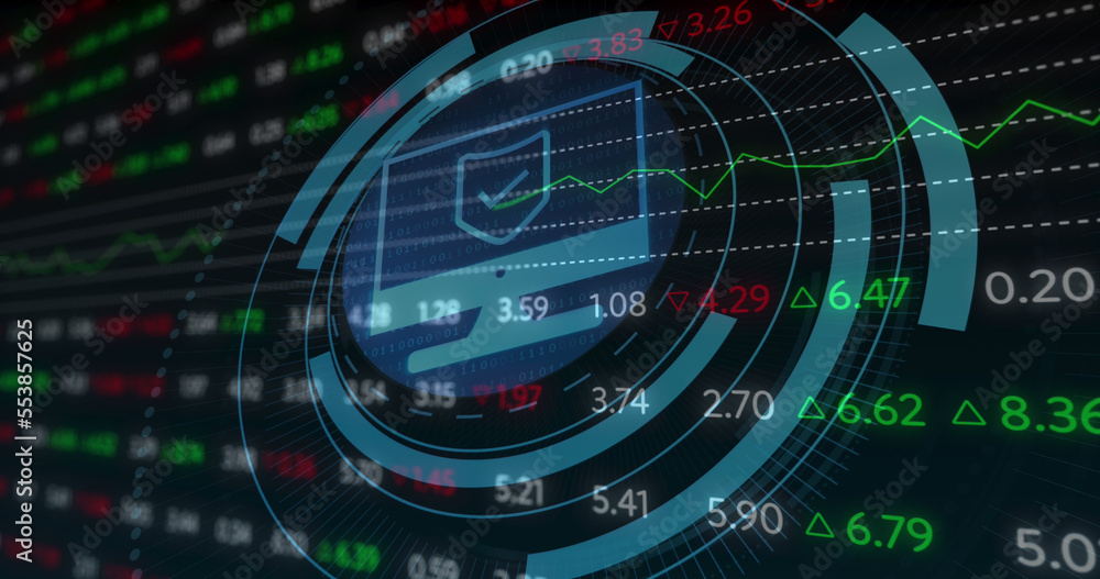 Image of scope scanning with computer icon over stock market on black background Image of scope scanning with computer icon over stock market on black background
