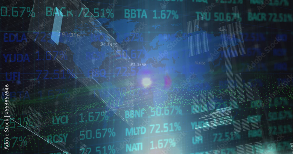 Image of lens flare, trading board, maps and bar graphs against abstract background Image of lens flare, trading board, maps and bar graphs against abstract background