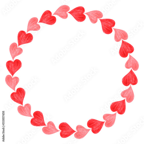 Watercolor round frame consisting of red and pink hearts on a transparent backdrop. The high quality romantic clip art for web pages, cards, posters, prints, templates and other, PNG file at 300 dpi.