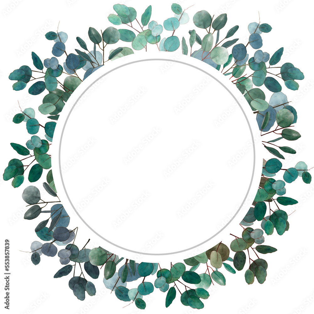 Watercolor round frame consisting of eucalyptus branches and leaves on ...