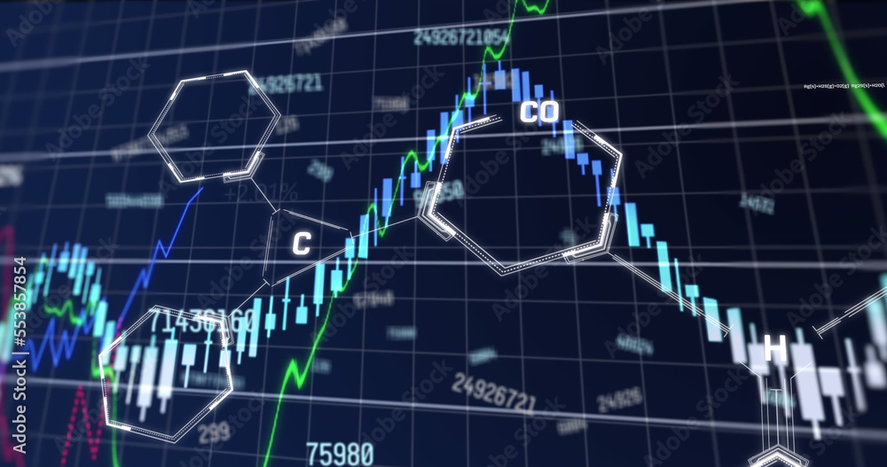 Image of financial data processing over chemical structures Image of financial data processing over chemical structures