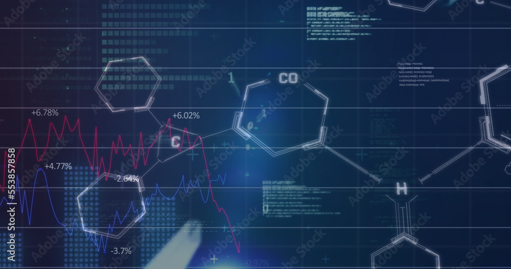 Image of financial data processing over chemical structures Image of financial data processing over chemical structures