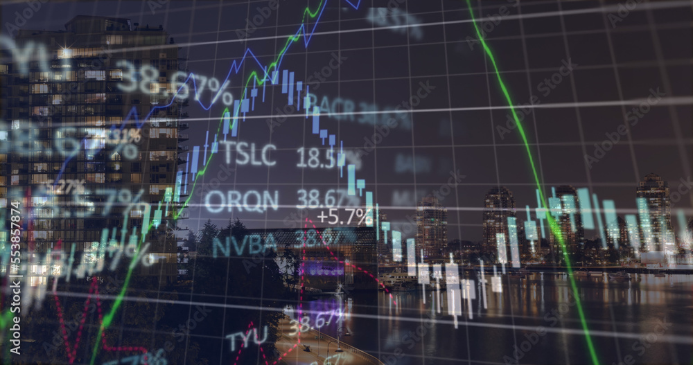 Image of financial data processing over cityscape Image of financial data processing over cityscape