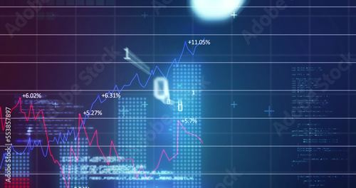 Image of financial data and graphs over navy background