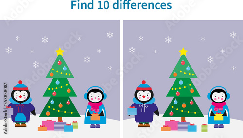 Find 10 differences in the pictures. Cute penguins near the Christmas tree.