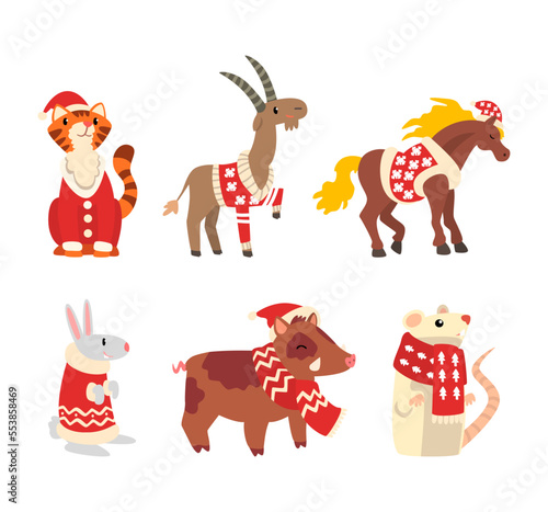 Fototapeta Naklejka Na Ścianę i Meble -  Funny Animal Characters in Christmas Sweater, Scarf and Hat Vector Set
