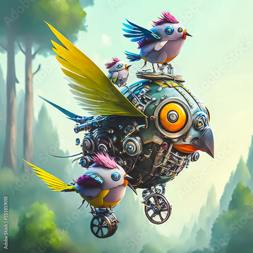 A fantasy image, a colorful robot bird's family is flying in the sky. Image creative generative Ai technology.	 photo