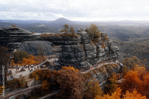 Pravčická brána - natural stone arch formation in national park Czech (Bohemian) Switzerland in Autumn. Czech Republic. Tourism. Nature.