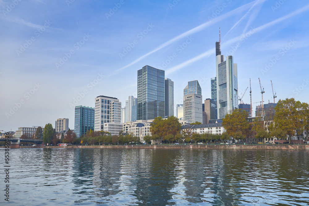 View of the Frankfurt skyline on a sunny morning.