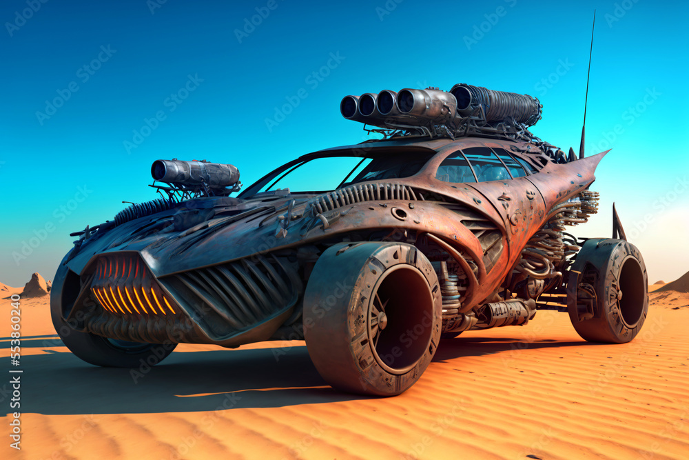 crazy futuristic car in the desert, post-apocalyptic 4x4 off road ...