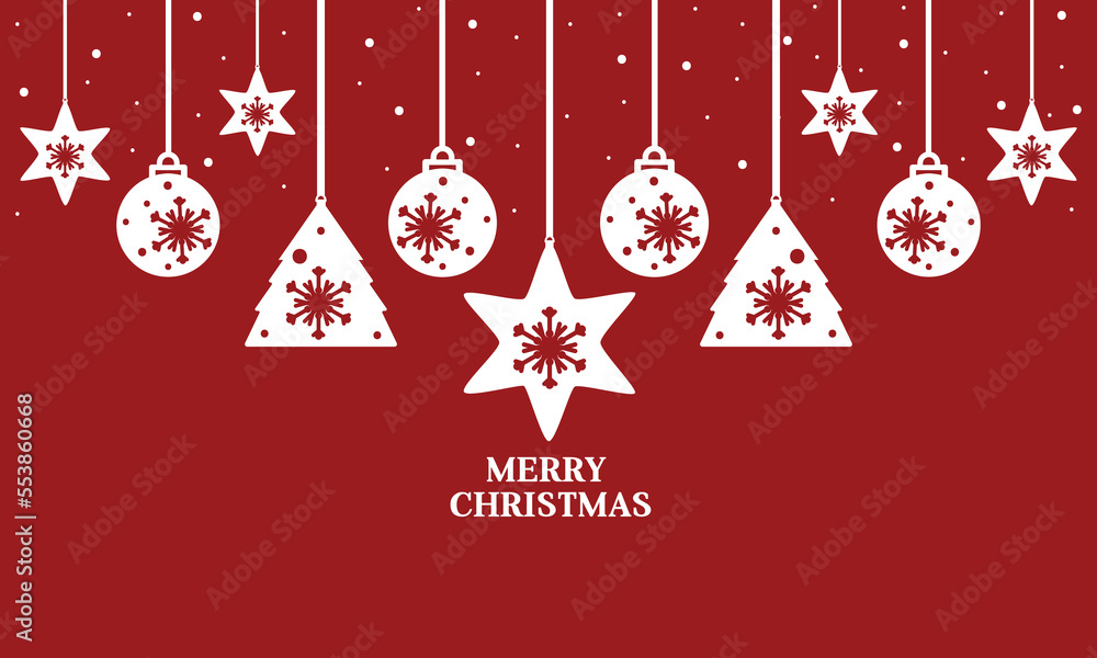 Merry Christmas greeting card. Festive winter background with hanging xmas decorations and snowfall. Vector design of holiday season.