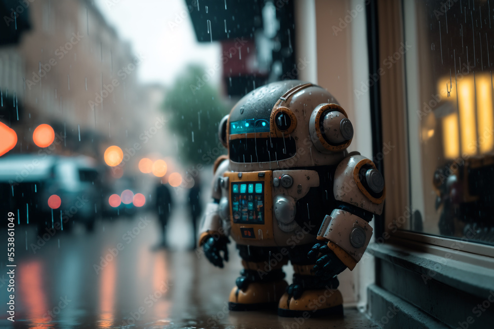illustration of futuristic robot stand at street side in big city in raining day illustration of futuristic robot stand at street side in big city in raining day