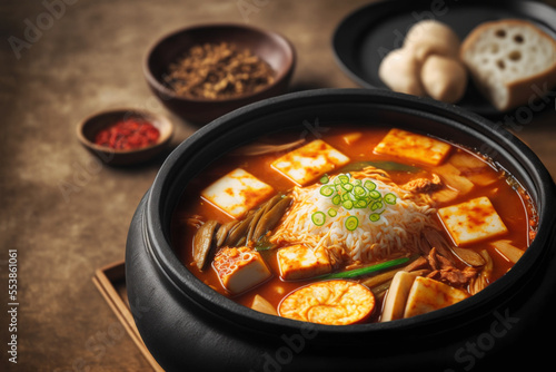 illustration of close up Soondubu Jjigae or tofu soup 