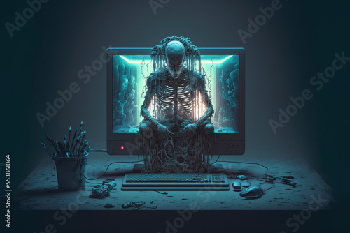 illustration of freezing skeleton corpse pop out from computer monitor idea for streaming entertainment service concept.