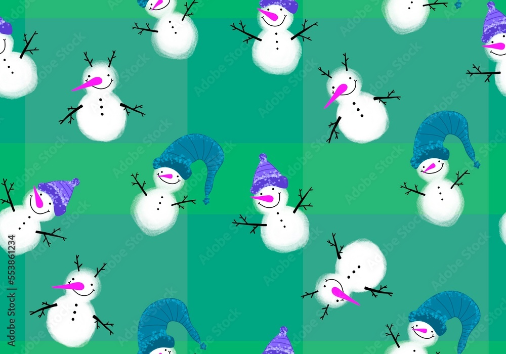 Fototapeta premium Winter seamless snowman and snowflakes pattern for Christmas wrapping paper and kids notebooks
