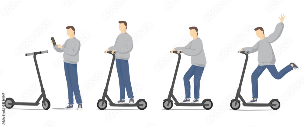 Fototapeta premium Set of funny man riding kick scooters. Flat cartoon vector illustration.